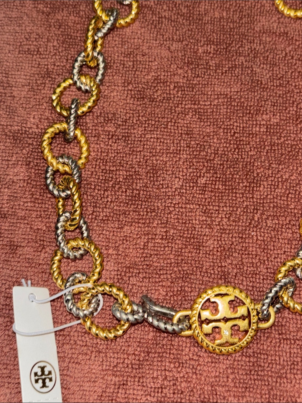 Tory Burch Two-Tone Rope-Link Logo Necklace in Gold and Silver - Picture 3 of 5